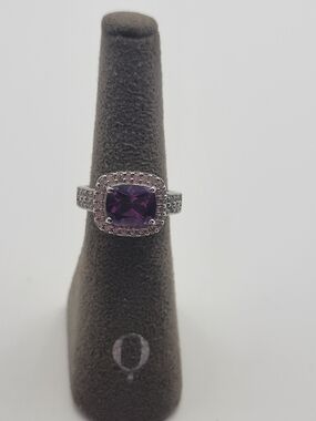 925 S&F Thailand Sterling Silver Purple Cushion-Cut Halo Ring 6.75